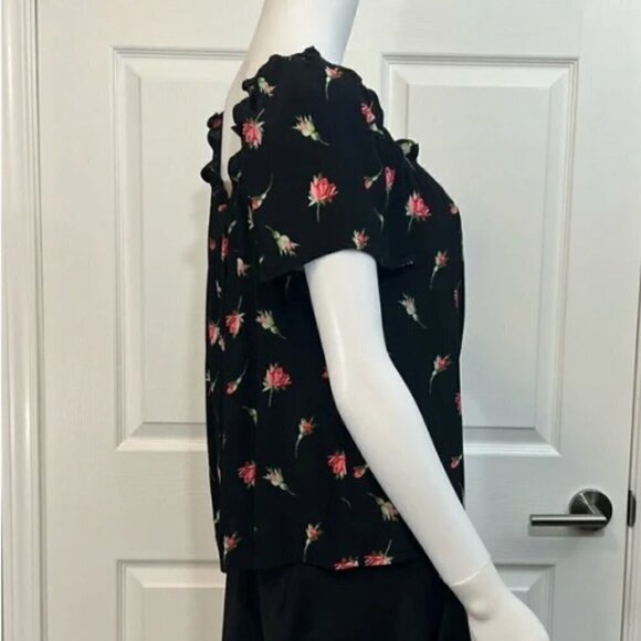 OASIS NWT Rose/Black Print short sleeve elastic ruffled neck viscose breathes 12 - Picture 5 of 16